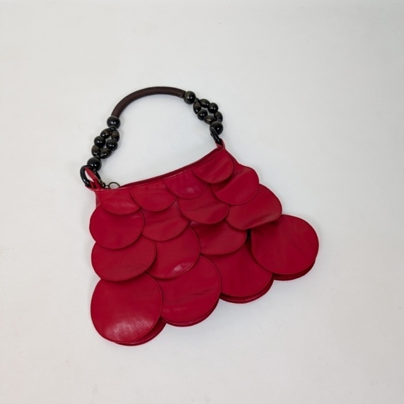 Scalloped Shoulder Bag Purse Handbag Beaded Faux Leather Pleather Cherry Red - Picture 6 of 10